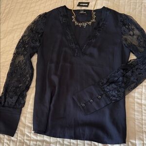 NWT Express Midnight Blue Lace Sleeve Blouse